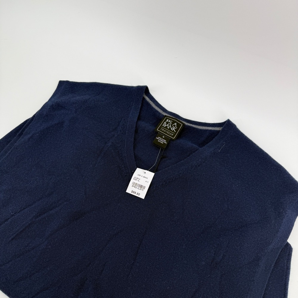 Jos A Bank Traveler Mens XL Navy Blue‎ 100% Merino Wool V-Neck Sweater Vest